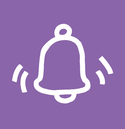 Iconbild: Glocke die klingelt. Weiss auf violettem Hintergrund